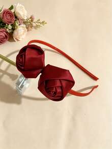 1pc Satin Rose Headband For Girls - Elegant Hair Accessory With 3D Ribbon Rose, Suitable For Parties, Weddings, School, Daily Wear (Pink, Burgundy, Olive Green) - Multicolor - View 7