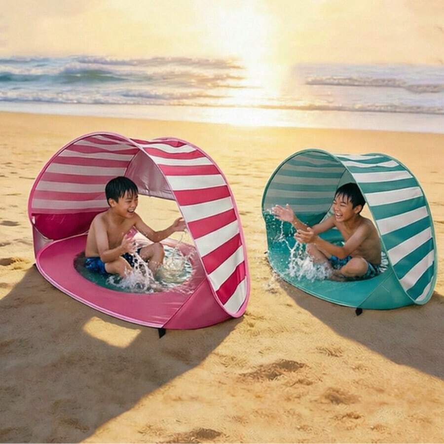 1pc Beach Pool Tent, Sunshade Quick Folding, Outdoor Sunshade Water Play Tent, Striped Pool Tent - Multicolor - View 1