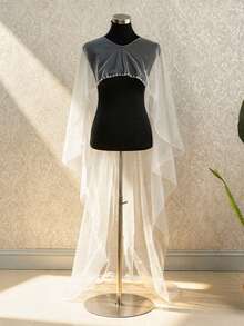 1pc Bead Trim Bridal Cape Wedding Shawl Short Front And Long Back Shawl - Multicolor - View 2