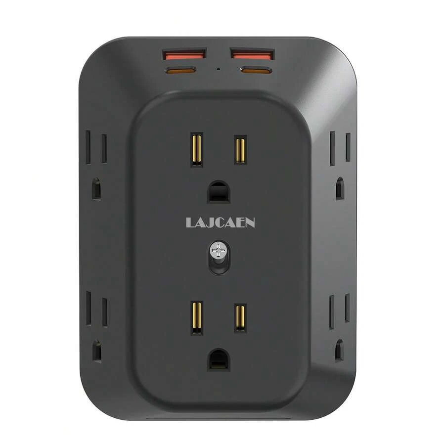 Extensor de toma de corriente de pared con protección contra sobretensiones, 6 tomas de CA ampliamente espaciadas & 4 puertos USB (2 USB C), adaptador cargador de pared multi-enchufe de 4 lados para hogar, viajes y oficina