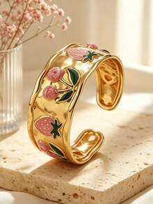 VceTd 1pc Gentle & Cute Style Stainless Steel Women's Bracelet With Enamel Drip Strawberry & Cherry Design, Suitable For Ladies To Wear At Banquets, Parties, Travel, Or Dates With Friends - Yellow Gold - View 9