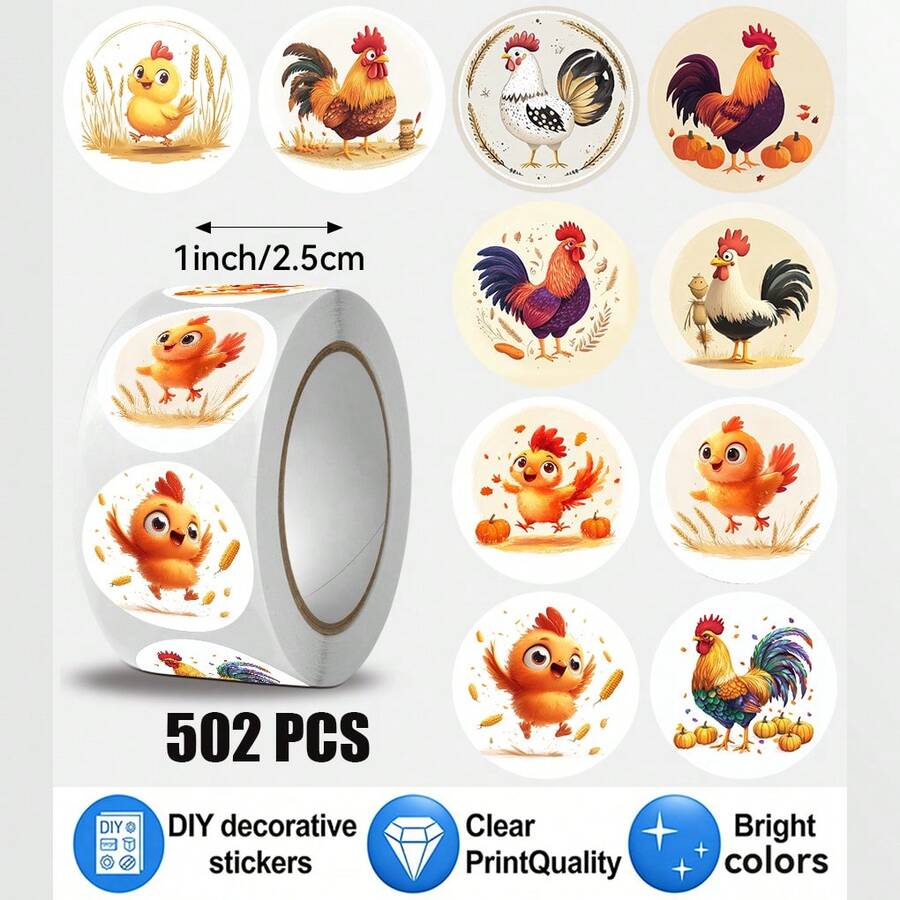 502 Pcs/Roll Chick And Chicken Pattern Stickers, 10 Mixed Designs, Christmas Gift Wrapping Labels, Scrapbook Stickers, Planner Gift Wrapping, Paper Craft Decoration, Party Gifts, Gift Box Decoration And Reward Stickers - Multicolor - View 1