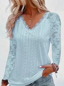 T-Shirt With Eyelets And Contrasting Lace V-Neck, Elegant Long-Sleeved T-Shirt For Spring And Autumn, Women's Clothing - White - View 5