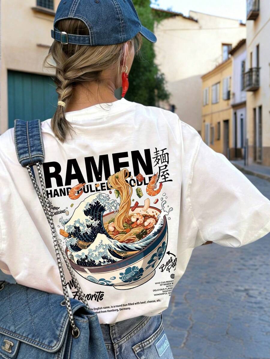 Nueva Camiseta de Verano Minimalista con Estampado de Ramen, Cuello Redondo y Manga Corta, Versátil y Adecuada para Mujeres - Blanco - Ver 1