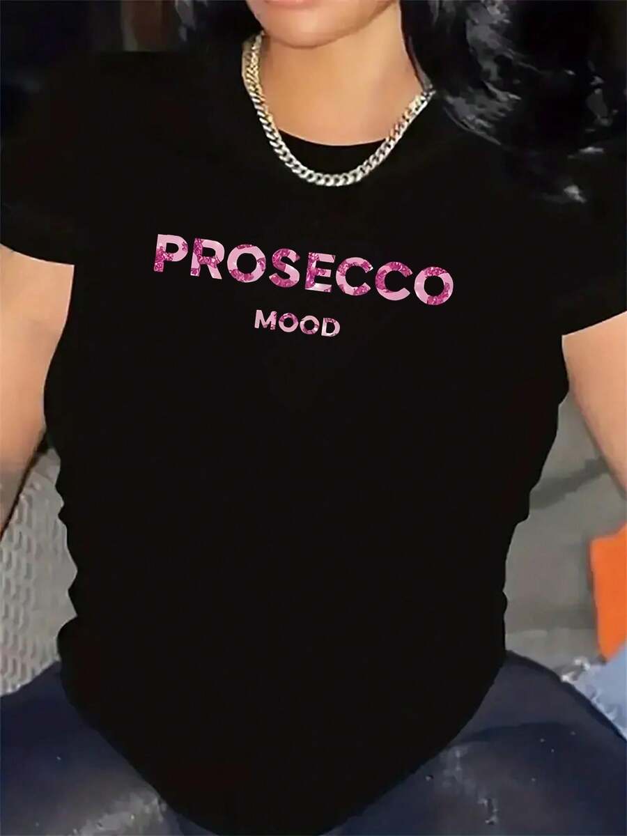 Camiseta de Manga Cortara Mujer, Estampado Prosecco Mood, ..., I para Uso Diario
