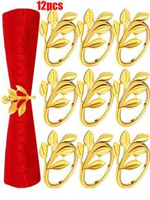 Gold Alloy Napkin Rings, Napkin Rings With Gold Tree Leaves, Reusable, With Smooth Edges, Easy To Clean, Suitable For Weddings, New Year's Parties - Emas-12 keping - View 1