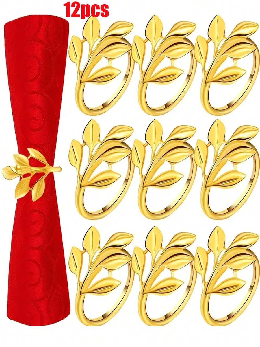 Gold Alloy Napkin Rings, Napkin Rings With Gold Tree Leaves, Reusable, With Smooth Edges, Easy To Clean, Suitable For Weddings, New Year's Parties - Emas-12 keping - View 1