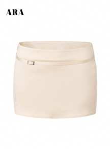 ARA CHIC Women's Glossy Cream Satin Low Rise Mini Skirt With Buckle Belt, Tight Fit Bodycon Skort, Dinner Date Evening Night Out Outfit - Light Yellow - View 7