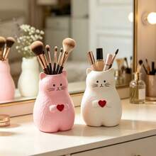 1pc Creative Heart Cat Shaped Vase Makeup Brush Holder Desktop Gift Home Decor - Multicolor - View 3