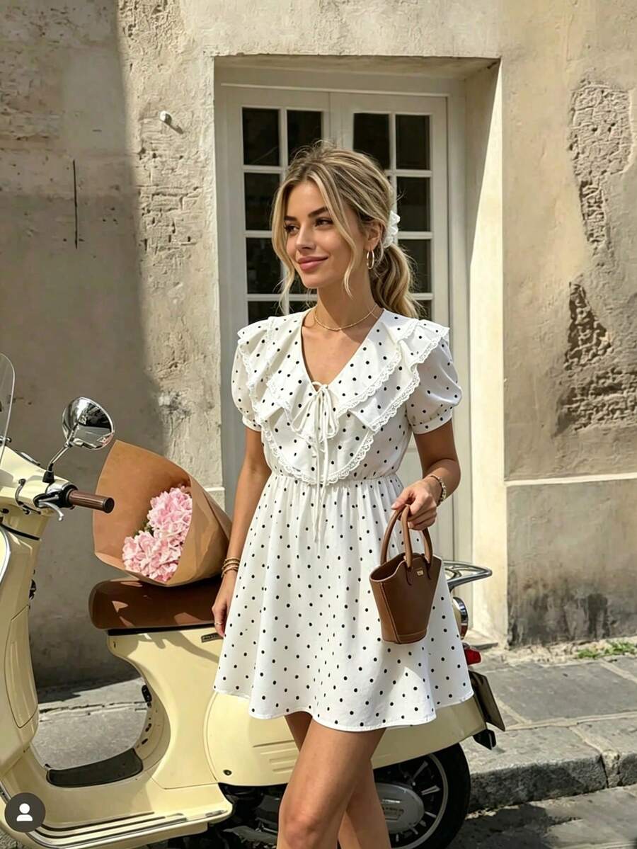 Vestido de mujer de lunares dulces, con cuello Peter Pan de doble capa con volantes y encaje, lazo delantero, cintura elástica, mangas cortas abullonadas y silueta evasé, para - Multicolor - Ver 1