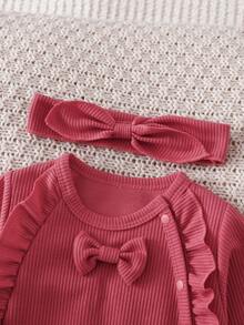 Baby Rose Red Romper With Ruffle And Bow Design, Newborn Outing Crawl Suit - Pink - View 3