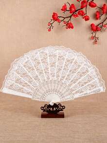 1pc French Retro Lace Tassel Folding Hand Fan, Portable Summer Dance Fan - White - View 3