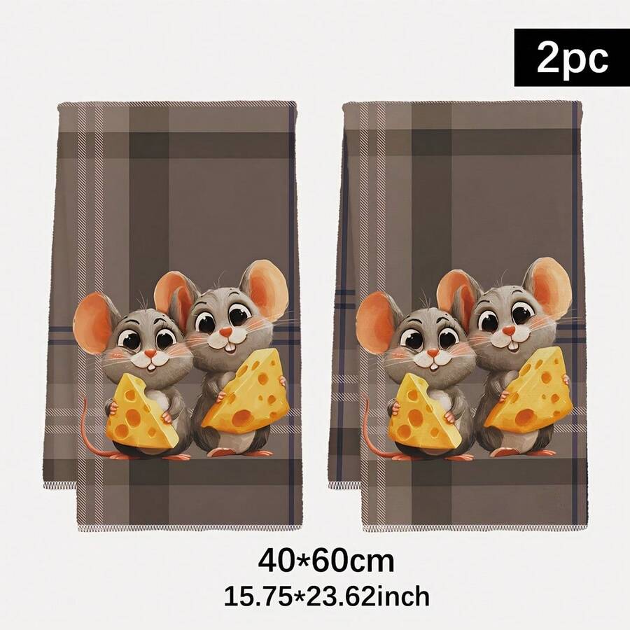 2 Packs Cheese & Mouse Kitchen Towels, 16x24 Inches, Machine Washable & Reusable Dish Cloths For Cooking, Baking, And Kitchen Decor