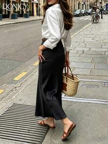 DONICY 女款優雅黑色緞面美人魚中長裙，亮面面料搭配高腰與喇叭裙襬，適合春季約會與辦公室穿著 - 黑色 - 查看 2