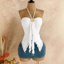 Top corto transparente de verano con cuello halter y accesorio metálico. - verde esmeralda - Ver 5
