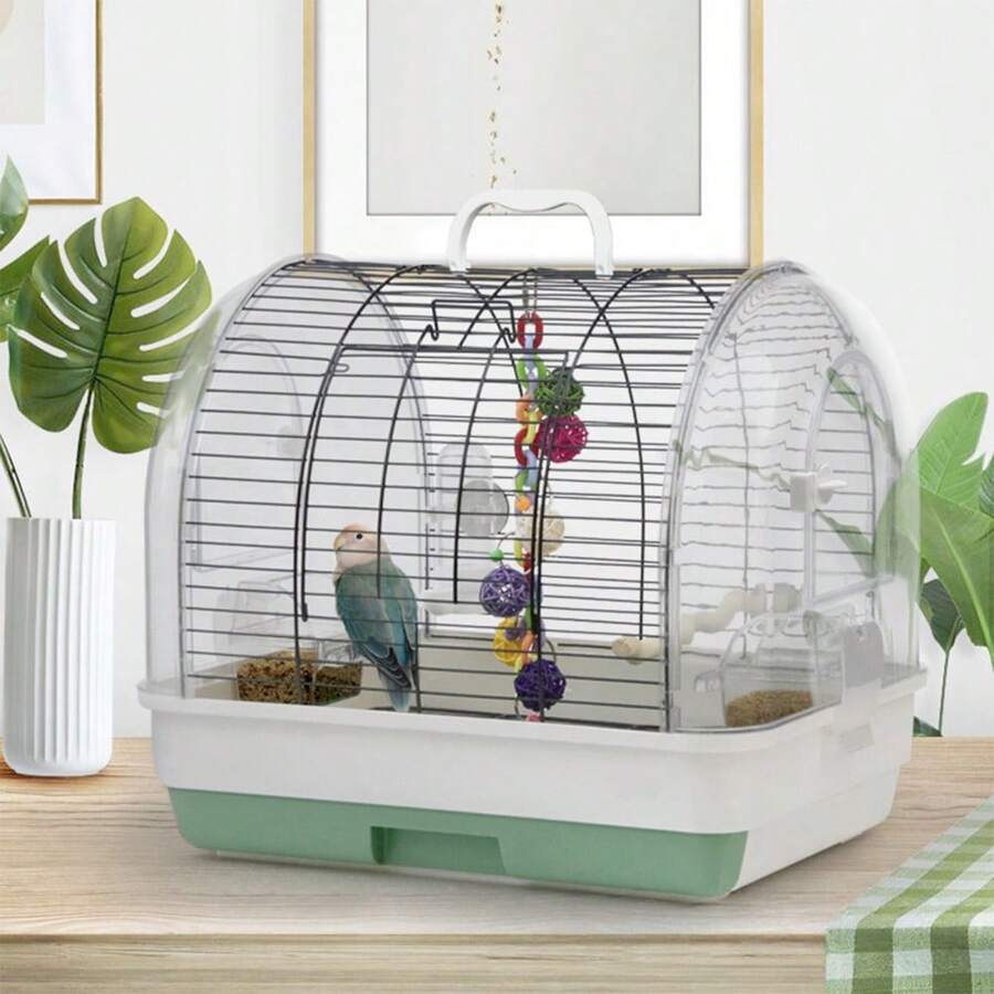 Tragbarer Vogelkäfig für Kleinvögel – Reisebox aus Metall & Kunststoff mit Tragegriff | Inkl. 2 Futternäpfe & Sitzstange | Abnehmbare Schale | Ideal für Wellensittiche, Nymphensittiche & Kanarienvögel - Einheitsgröße - Übersicht 1