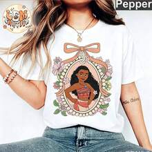Disney Moana Princess Print T-Shirt, Cartoon Character With Floral Bow Frame Graphic Casual Top, Vintage  Versatile Basic Tee - White - View 1