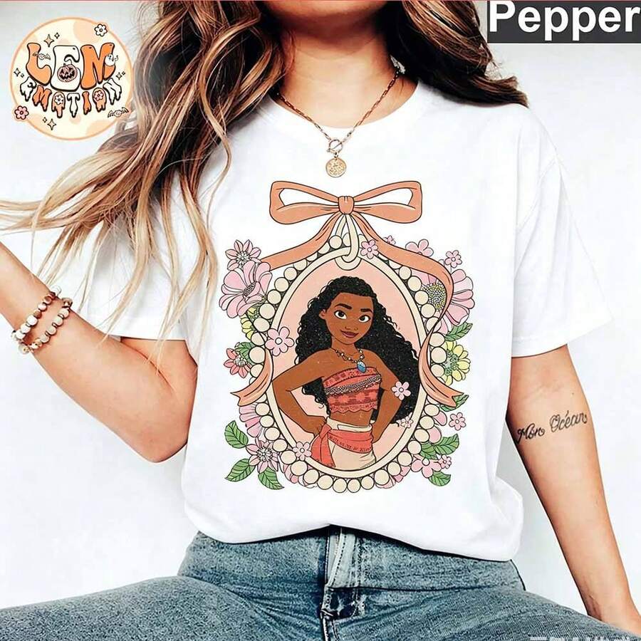 Disney Moana Princess Print T-Shirt, Cartoon Character With Floral Bow Frame Graphic Casual Top, Vintage Versatile Basic Tee - White - View 1