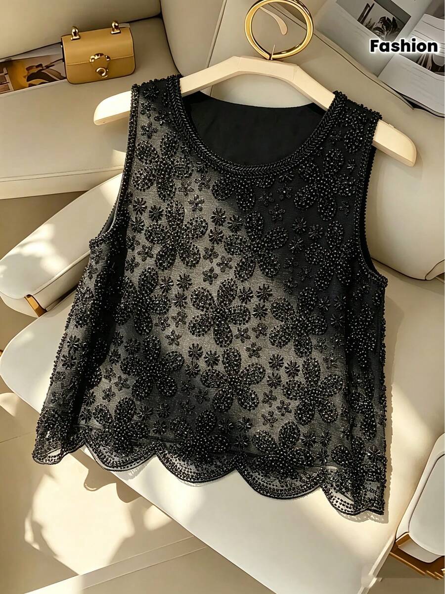 女款優雅手工串珠黑色派對上衣，無袖亮片背心，透視防護正式/休閒穿搭，紋理設計，適合假期與夏季