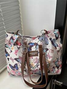 Butterfly Floral Print Women's Fabric Tote Bag, Chain Decor Large Capacity Shoulder Handbag, Fashion Versatile Commuter Casual Bag - Multicolor - View 1
