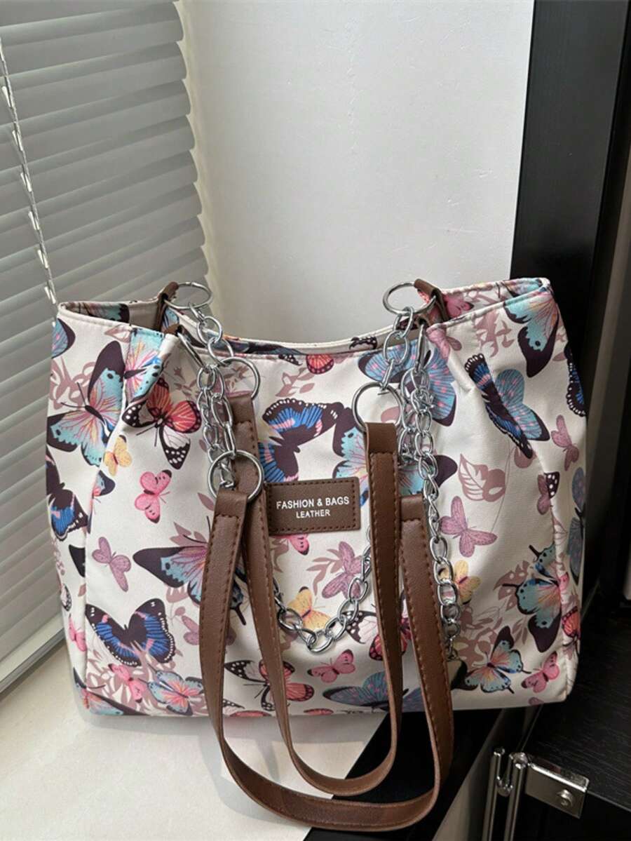 Butterfly Floral Print Women's Fabric Tote Bag, Chain Decor Large Capacity Shoulder Handbag, Fashion Versatile Commuter Casual Bag - Multicolor - View 1
