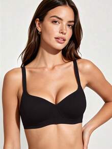 1pc Women's Comfortable Wireless Soft Cup Solid Color Bra - Black - View 5