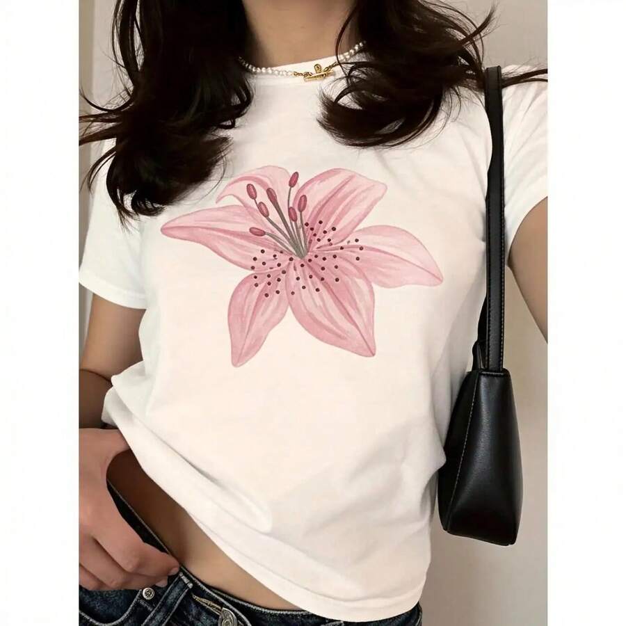 Camiseta de mujer con estampado floral estilo casual elegante Camiseta de mujer con estampado de lirio rosa para uso diario primavera verano ideal para regalar a amigas y familiares OI85 - Blanco - Ver 1