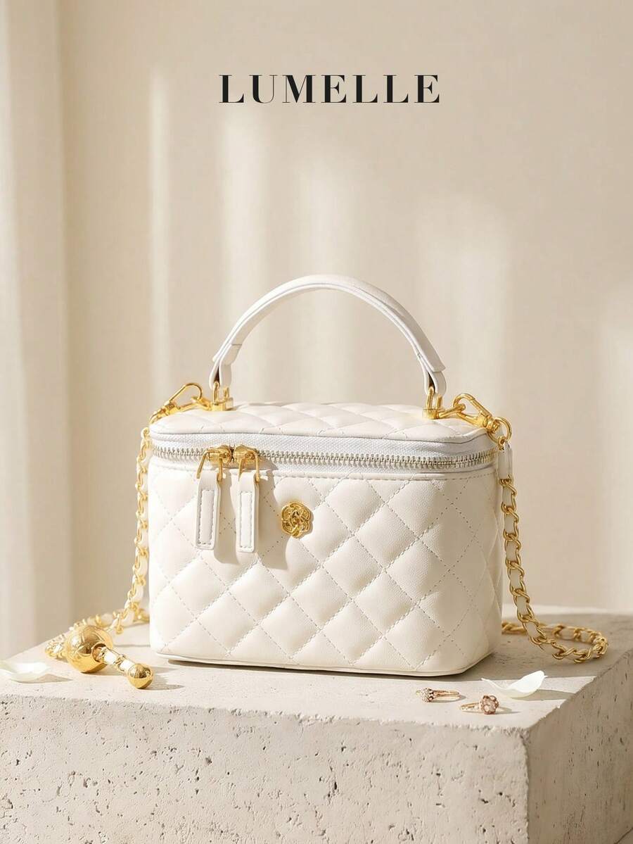 Elegant Diamond Pattern Mini Vanity Bag, Vintage Camellia Hardware Top Handle Handbag With Detachable Chain Shoulder Strap - White - View 1