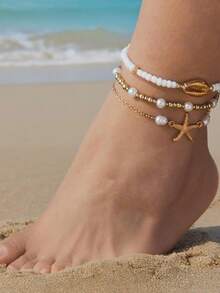 /piezas de pulseras de tobillo bohemias con cuentas de concha, elásticas ajustables con dijes de estrella de mar, joyeríde playa en capas para mujer, para usar en vacaciones de verano. - A5 - Ver 4