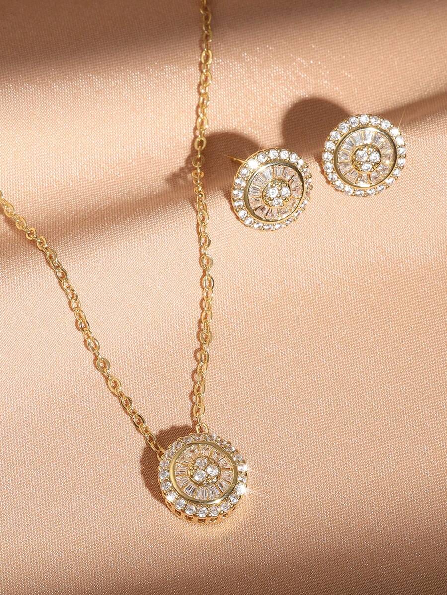 rakol 3pcs Elegant Luxury Round Zirconia Necklace & Earrings Set For Women, Daily Wear, Banquet, Birthday Gift, Graduation Ceremony - Set - View 1