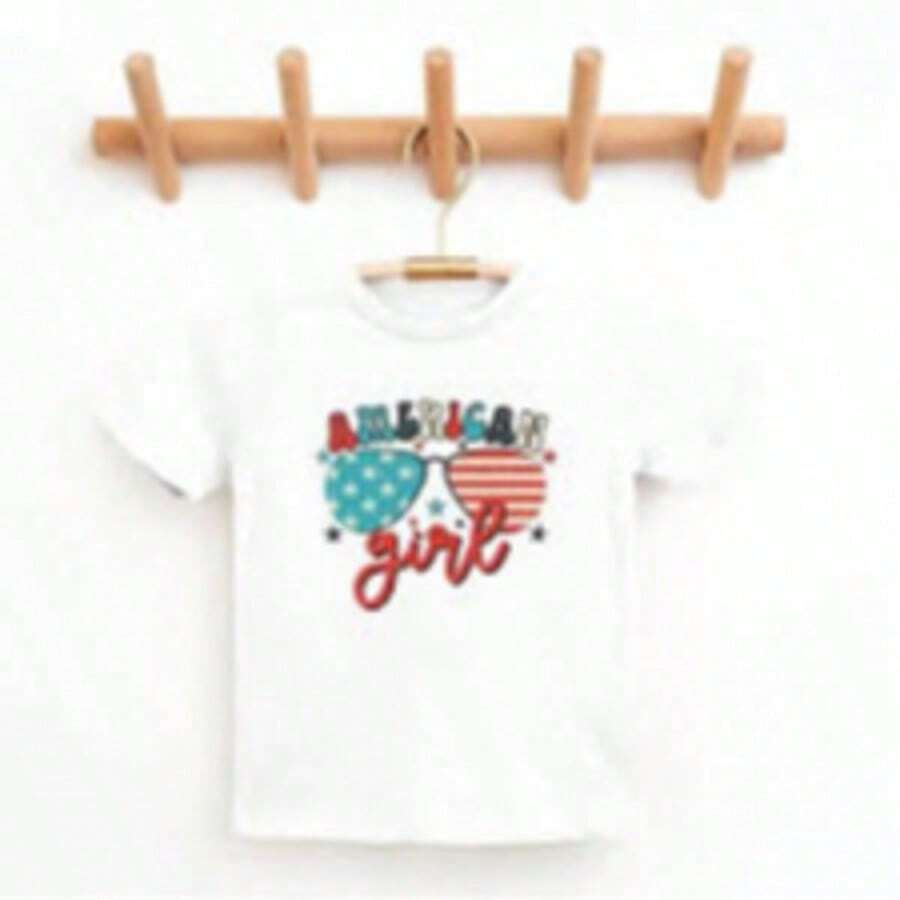 White T-Shirt For Toddlers With Patriotic 4th Of July Print, Casual, Short Sleeve, , Kindergarten Graduation, 4th Of July Girls, Children's Items, Clothing - 紫丁香色 - 查看 1