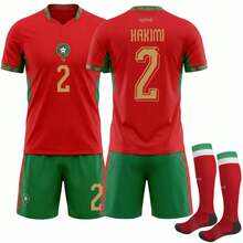 Morocco Inspired Home Soccer Jersey Set, Red Base With Green Detail Football Kit, Ziyech#7, Hakimi#2, En-Nesyri#19 & Blank - 摩洛哥主場球衣10號 - 查看 1