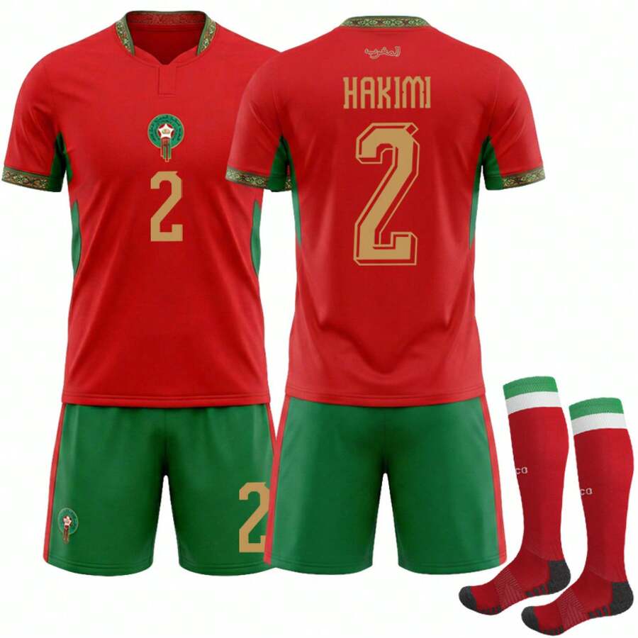 Morocco Inspired Home Soccer Jersey Set, Red Base With Green Detail Football Kit, Ziyech#7, Hakimi#2, En-Nesyri#19 & Blank - 摩洛哥主場球衣10號 - 查看 1