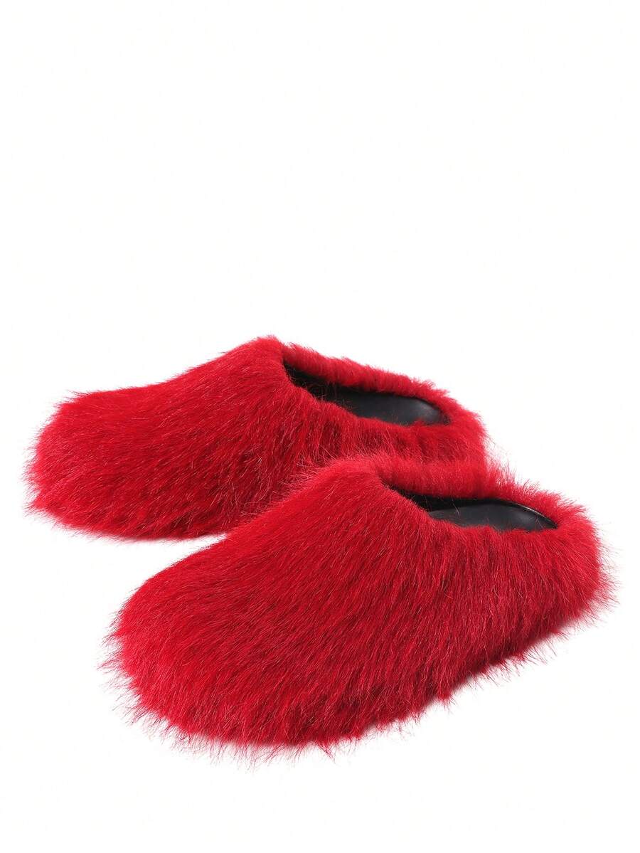 Womens Faux Fur Slippers Round Toe Fuzzy Fluffy Flat Warm Furry Bedroom Slipper Home Slides Thick Plush Indoor Outdoor Flat Summer Sandals For Women - 紅毛 - 查看 1