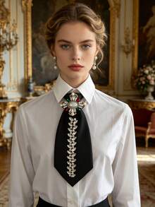 Accesorio de camisa de lujo estilo corte con perlas cruzadas, gemas de colores y strass negro sin corbata - Cruz de perlas con diamantes de imitación - Ver 1