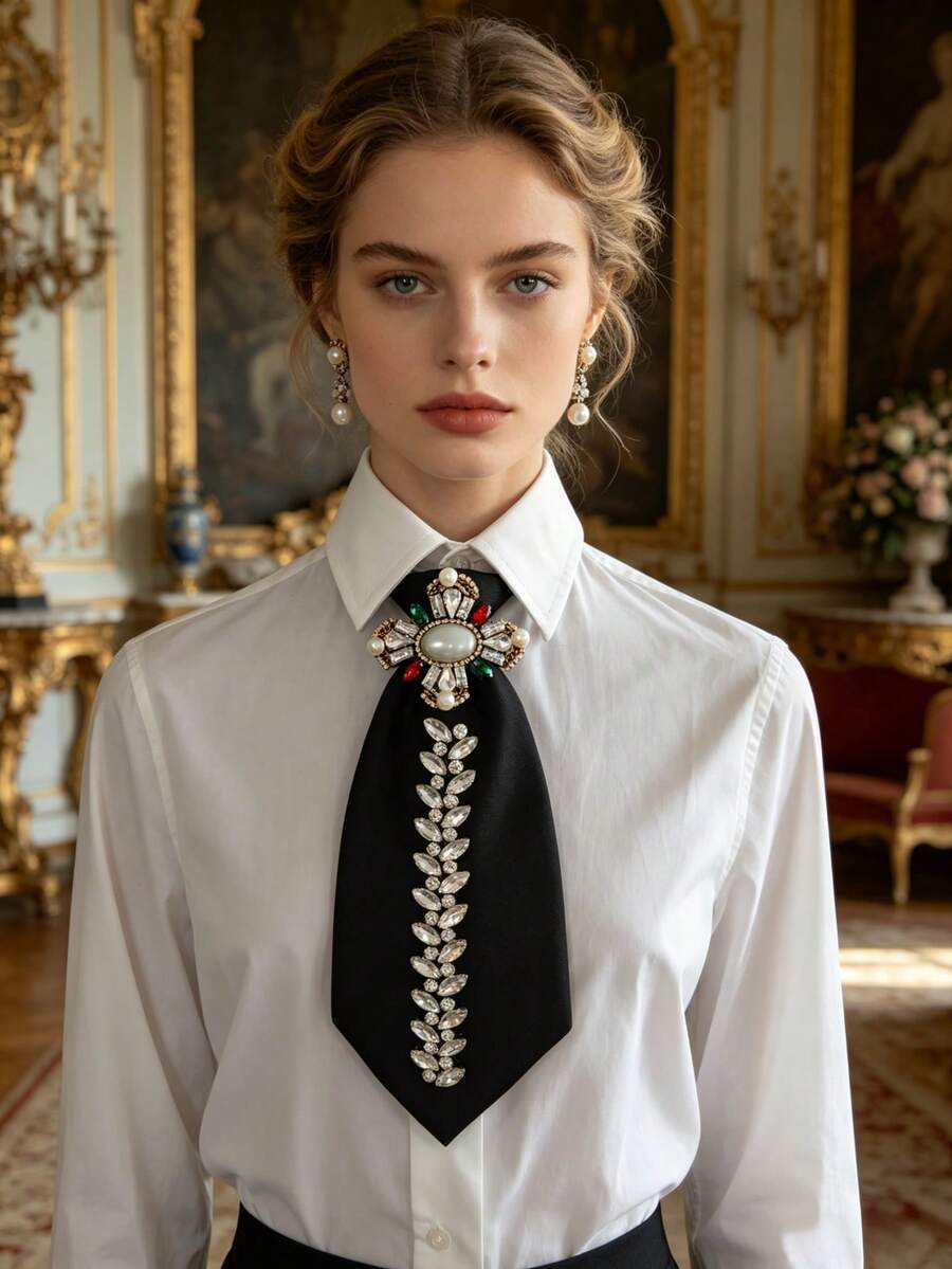 Accesorio de camisa de lujo estilo corte con perlas cruzadas, gemas de colores y strass negro sin corbata - Cruz de perlas con diamantes de imitación - Ver 1