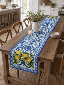 1 Piece Cobalt Blue Lemon Patterned Polyester Table Runner, Retro Ceramic Art Rectangular Table Runner, Outdoor Terrace Tabletop Decoration, Summer Mediterranean Vacation, Backyard Barbecue, Garden Party, Autumn And Winter Tabletop Decoration. - Multicolor - View 9