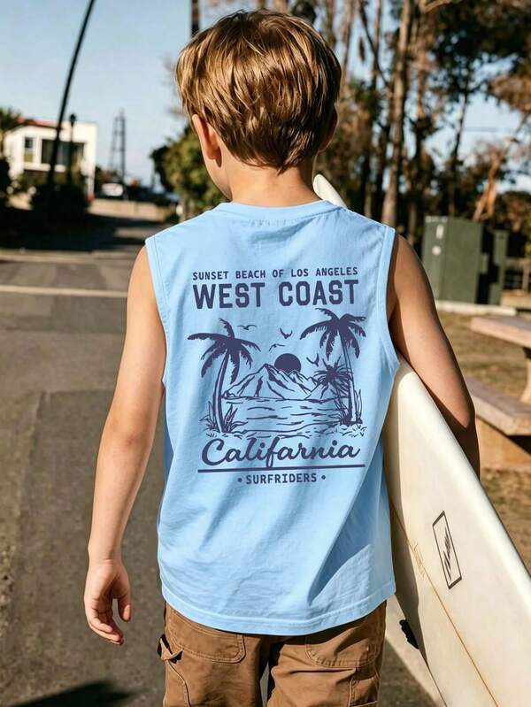 1pc Sleeveless Graphic Tank Top, Casual Loose Coconut Tree Print Beach Style Camisole, Suitable For Back To School, Vacation, Daily Casual Wear, Summer