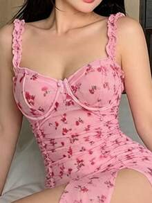 SOFUSEN Women's Printed Mesh Side Slit Long Nightgown, Sexy Lingerie - Pink - View 3