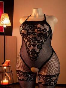 Plus Size Sexy Women'S Cut-Out Fishnet Bodysuit - Sleeveless Single Strap Glamorous Floral Pattern | Crotch Bodystockings | Stretch Fabric - Black - View 1