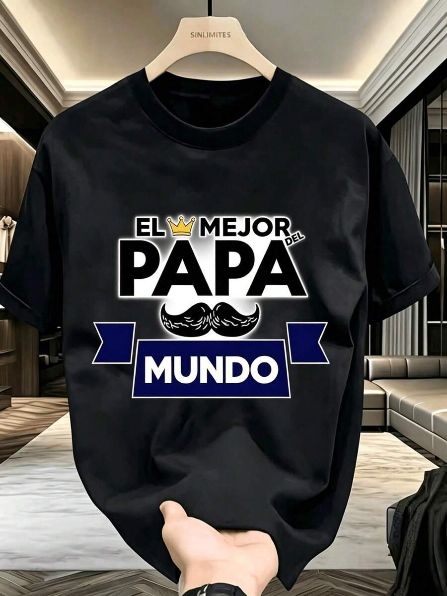 Papá Mundo Camisetas para Hombre 180g Alta Calidad Camisas para Hombre Estilo Urbano Corona y Bigote Logo Playera de Hombre Regalo Día del Padre 2026 Relaxed Fit Ropa de Hombre México Local - Negro - Ver 1