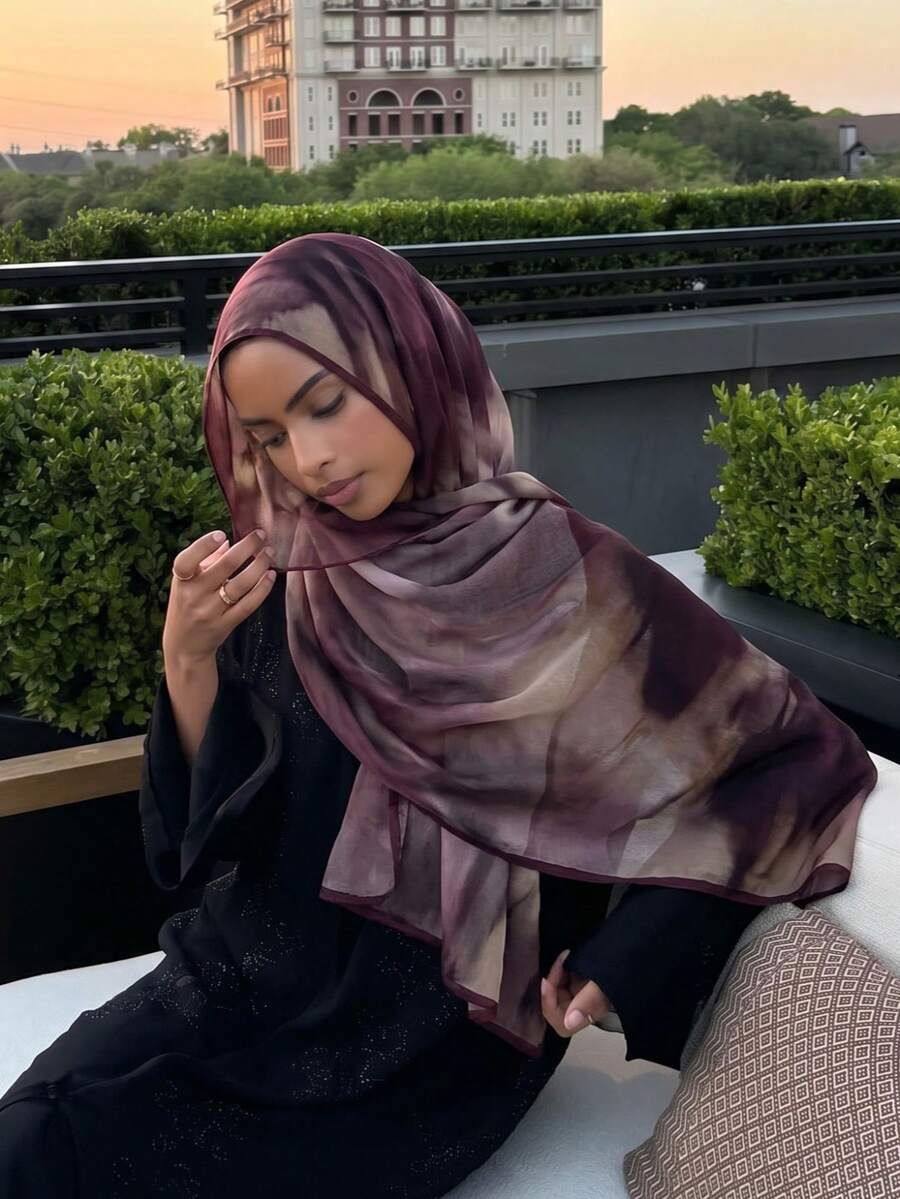 1PC Women's Bohemian Watercolor Print Headscarf, Muslim Sun Protection Head Wrap, Elegant Versatile Scarf Long Shawl For Friends Gathering, Suitable For Daily Wear