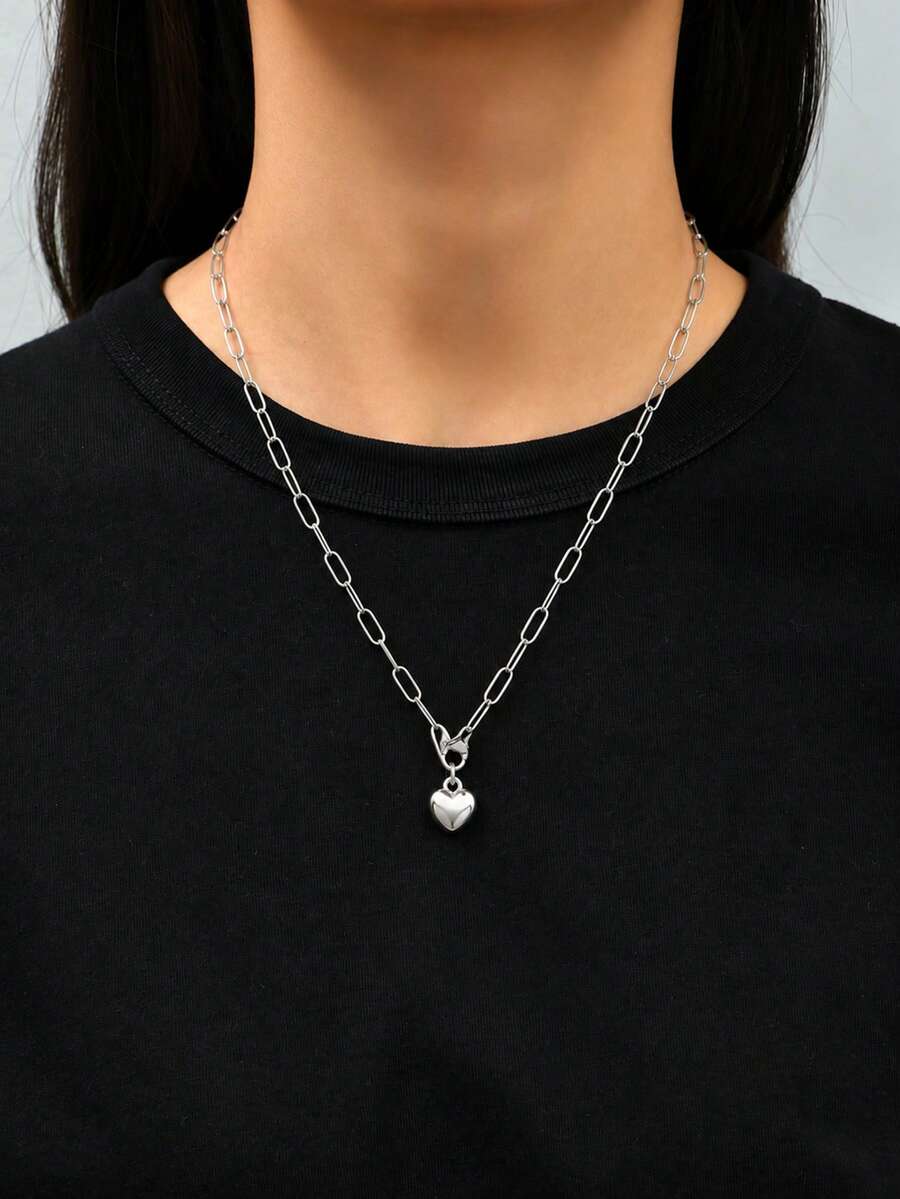 1件/2件/3件 極簡主義不鏽鋼迴紋針鏈心形吊墜項鍊 女款 精緻靜奢風飾品 日常佩戴禮物 - 銀色 - 查看 1
