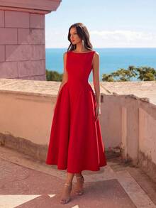 ADYCE Elegant Boat Neck Waisted Backless Bodycon Tie-Back Midi Party Dress Prom Gown Homecoming Wedding Guest Formal Dinner Birthday Party Date Night Club - Red - View 7