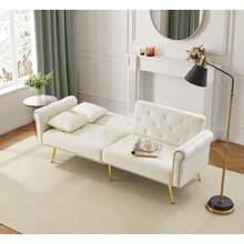 Sofá cama moderno de 2 plazas: tapizado en terciopelo, respaldo reclinable en 3 posiciones y patas de metal dorado. Elegante sofá convertible: ahorra espacio, es duradero e ideal para espacios reducidos. - Beis - Ver 10
