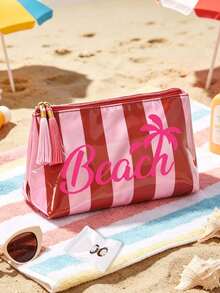 Colorful Striped Tassel Zipper Palm Tree Print Waterproof PVC Makeup Bag, Portable Travel Cosmetic Storage Bag, Multi-Functional Toiletry Bag, Perfect For Beach, Swimming Pool, Cruise And Holiday Essentials, Suitable For Summer Lovers, Unique Teacher's Day Gift, Birthday Gift, Holiday Gift, Party Gift, Vacation Gift, Back To School Gift - Multicolor - View 4