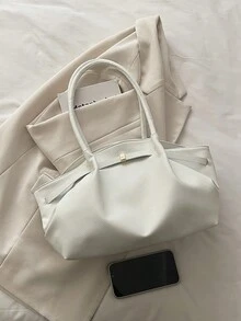 1個白色夏季新款金屬五金飾帶大容量純色PU托特包女款單肩包 - 白色 - 查看 4
