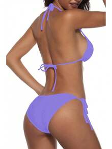 Women Two Piece Swimsuit Sexy Swimwear Halter String Triangle Bikini Sets - Purpleblue - View 3