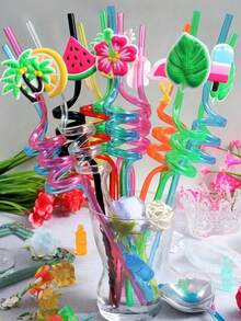 8pcs Reusable Tropical Straws | Reusable Spiral Straws | Hawaiian Tropical Rainforest Theme, Suitable For Summer Beach, Poolside And Birthday Parties, With Palm Tree, Ice Cream And Pineapple Tropical Decorations - View 1