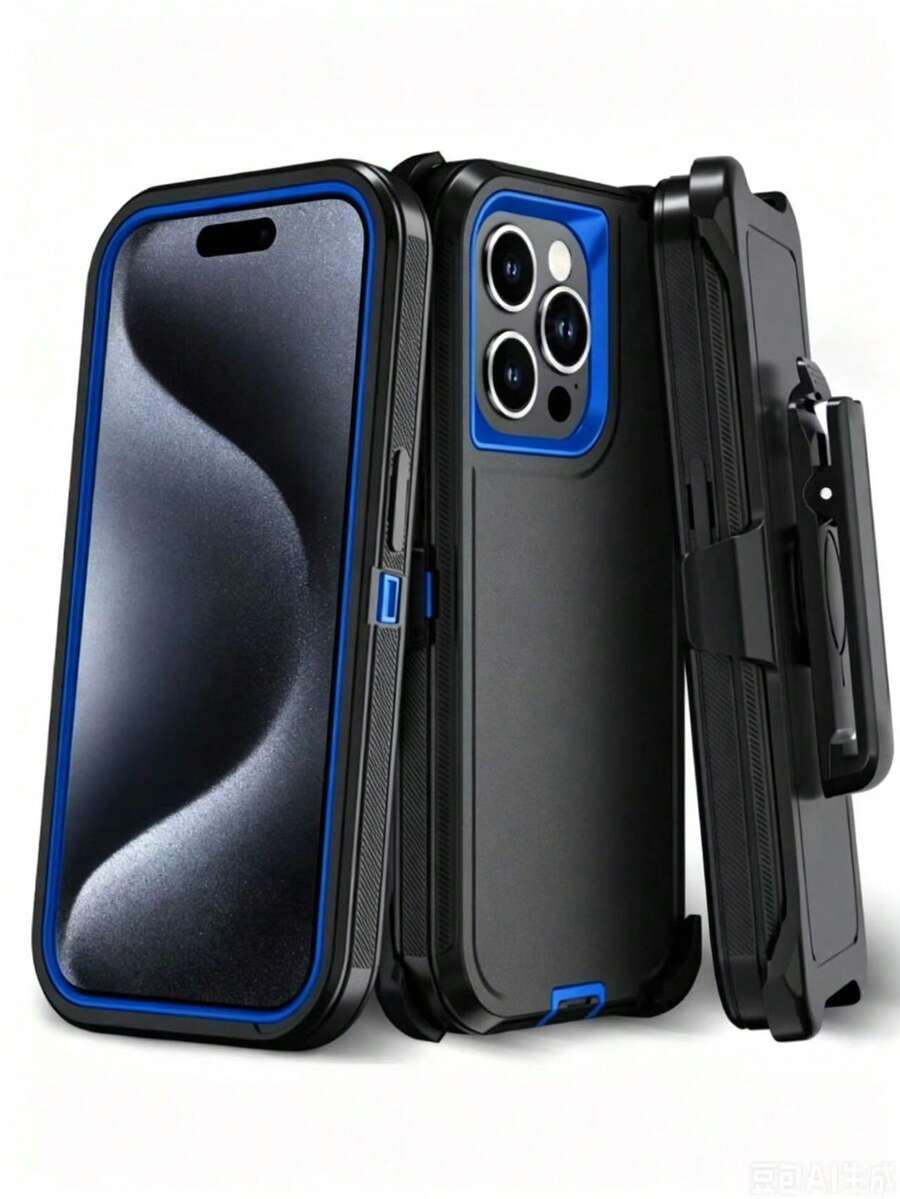Compatible With IPhone Phone Case With Belt Clip (Multi-Layer Protection) [Shockproof] [Anti-Drop] [Anti-Slip], Three-Proof Heavy-Duty Stand Protective Phone Case (4 In 1) - Blue - View 1